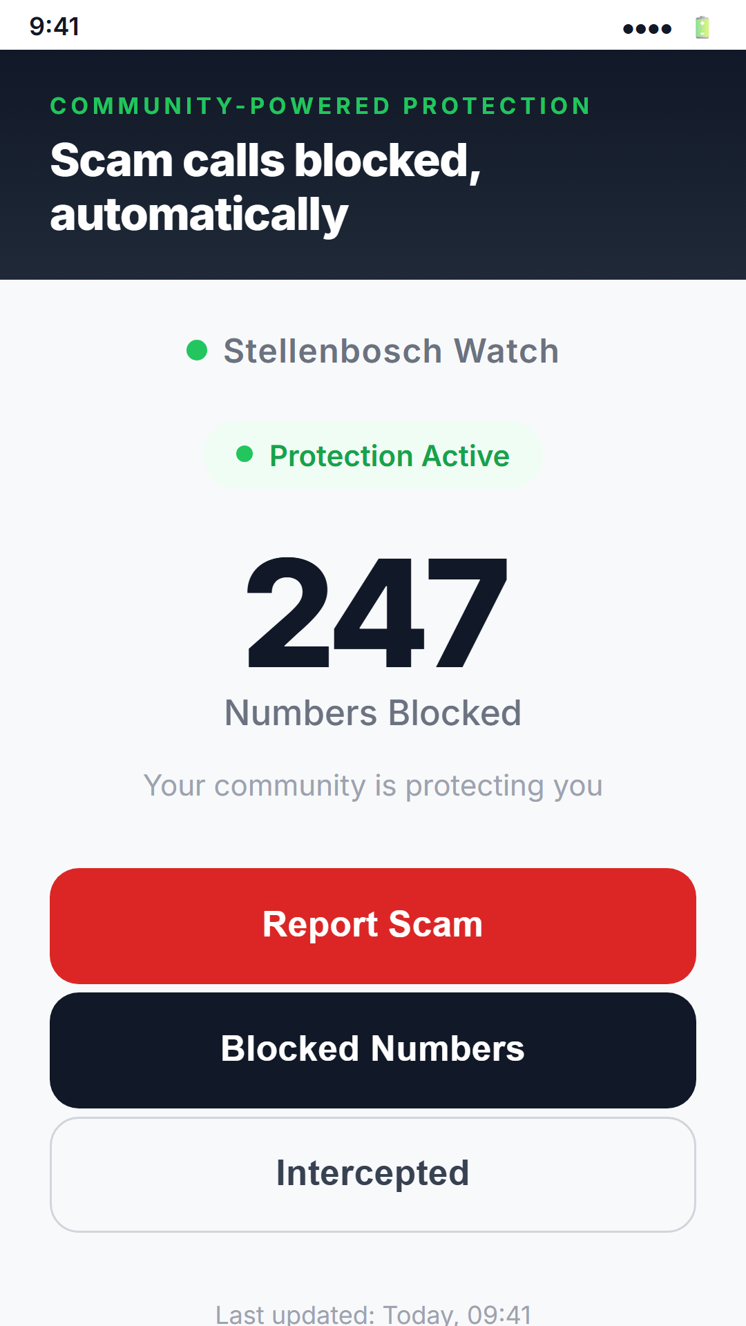 Home screen showing Protection Active and 247 numbers blocked