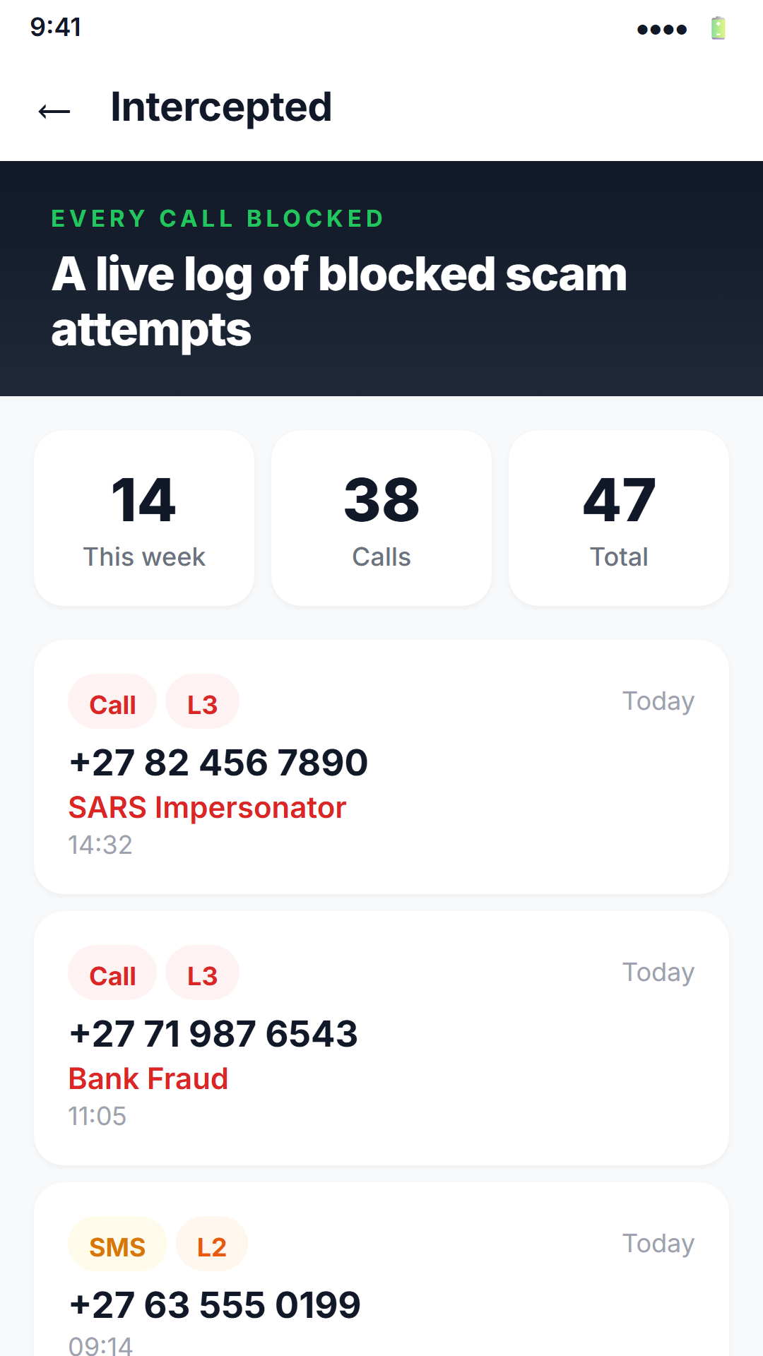 Intercepted log showing blocked scam calls with SARS Impersonator and Bank Fraud labels